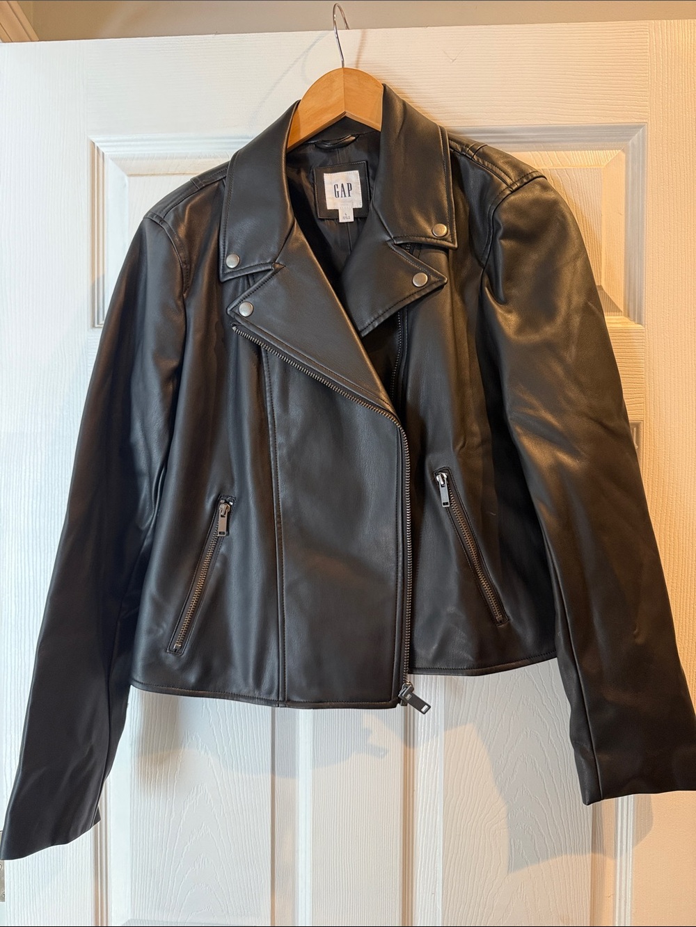 GAP Black Faux Leather Asymmetrical Zip Moto Jacket